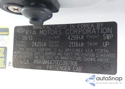 2013 Kia Optima Lx z USA, uszkodzony, nr VIN KNAGM4A70D5397916